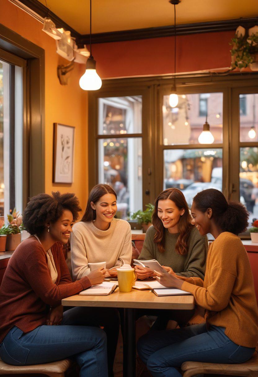 A diverse group of adults, sitting in a cozy café, engaged in heartfelt conversations, sharing their blogging experiences. The scene radiates warmth with soft lighting and real connections, showcasing laptops and notebooks scattered with notes and ideas. Illustrate a sense of authenticity with genuine smiles and candid expressions. Emphasize a warm color palette that promotes intimacy and connection. super-realistic. vibrant colors. cozy atmosphere.