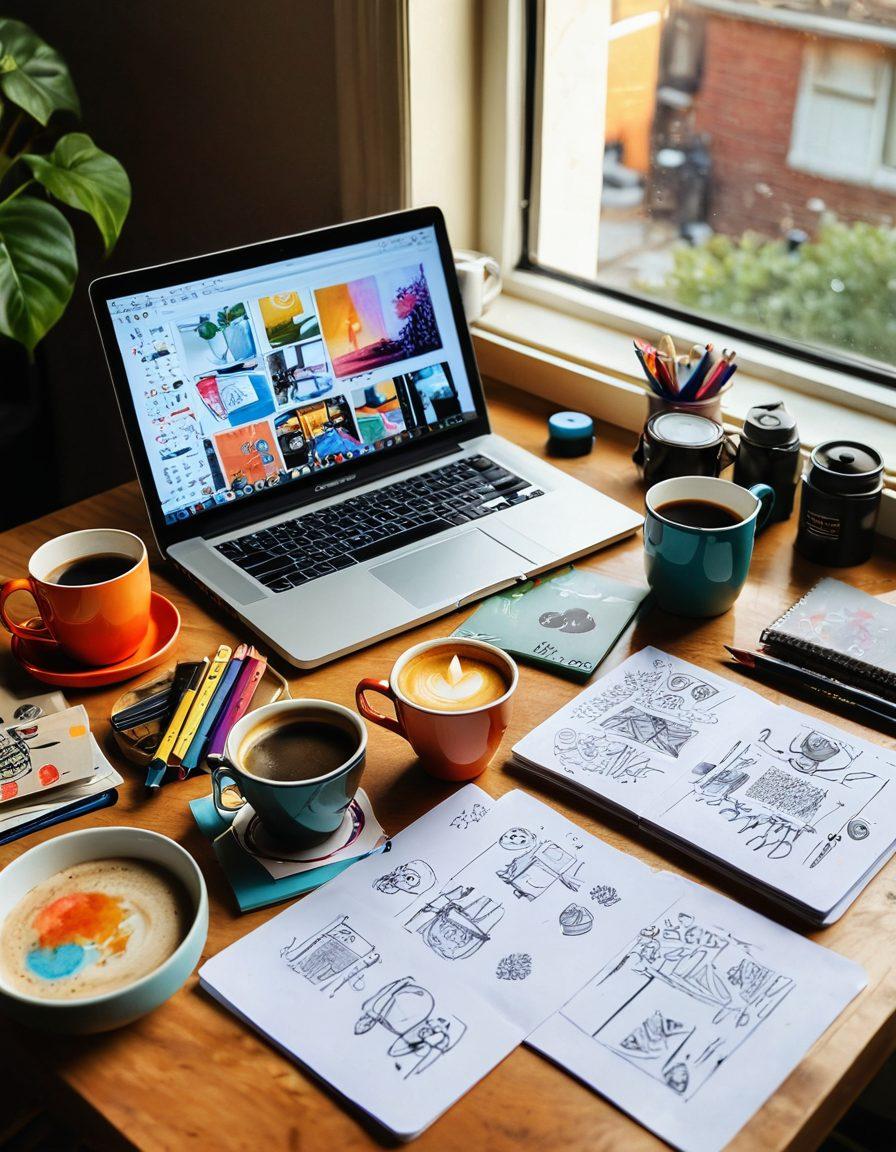 A cozy workspace filled with vibrant art supplies, a laptop open to a blog page, and a steaming cup of coffee beside it. Include colorful sketches and notes that depict inspiration and creativity, with soft, warm lighting illuminating the scene. Emphasize a sense of connection, with a few personal touches like photos or reminders pinned on a board. super-realistic. vibrant colors. warm lighting.